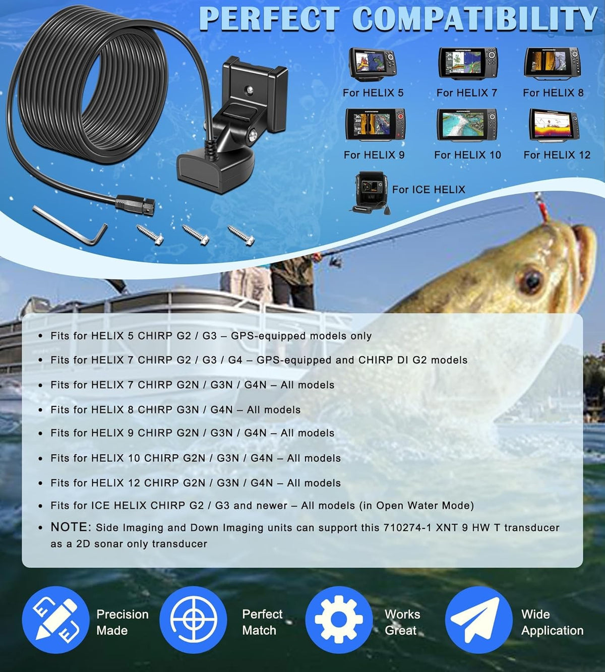 Transom Mount Fish Finder Transducer Compatible with Humminbird Helix Models - 20Ft Cable