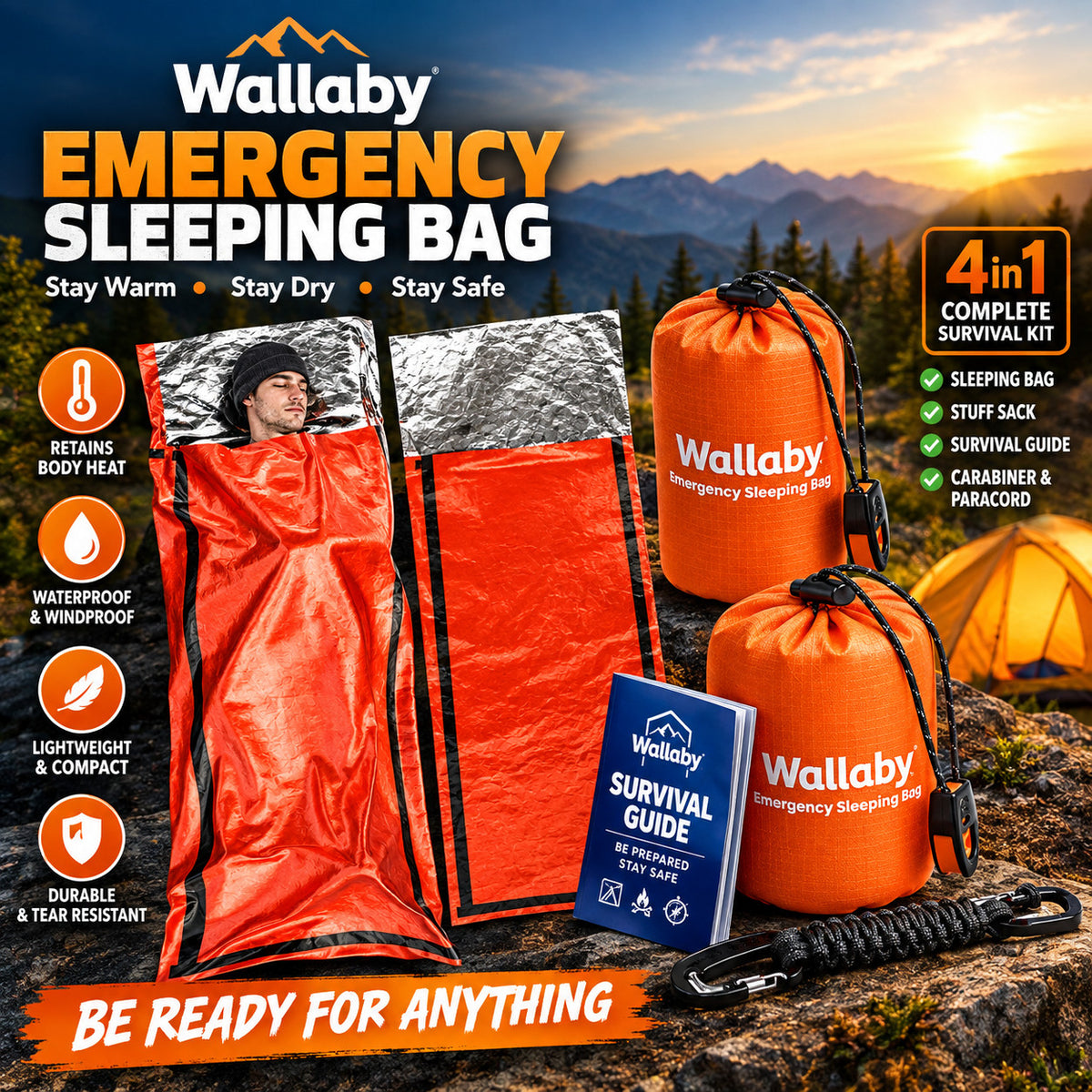 Emergency Mylar Sleeping Bags 2-Pack with Nylon Pouches & Whistle