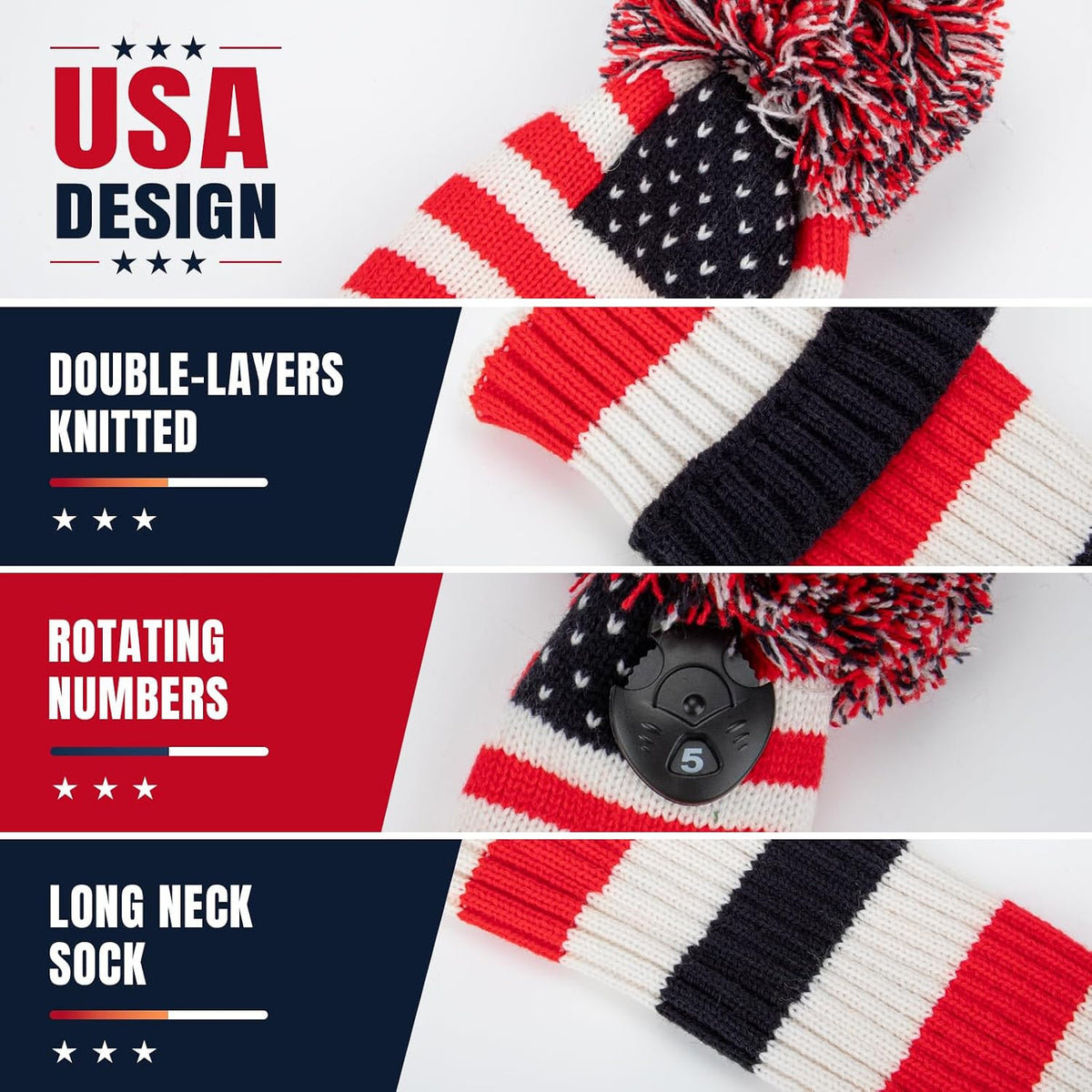 Vintage U.S.A Patriotic Knit Golf Headcover with Pom Pom - Fits Most Drivers & Fairways