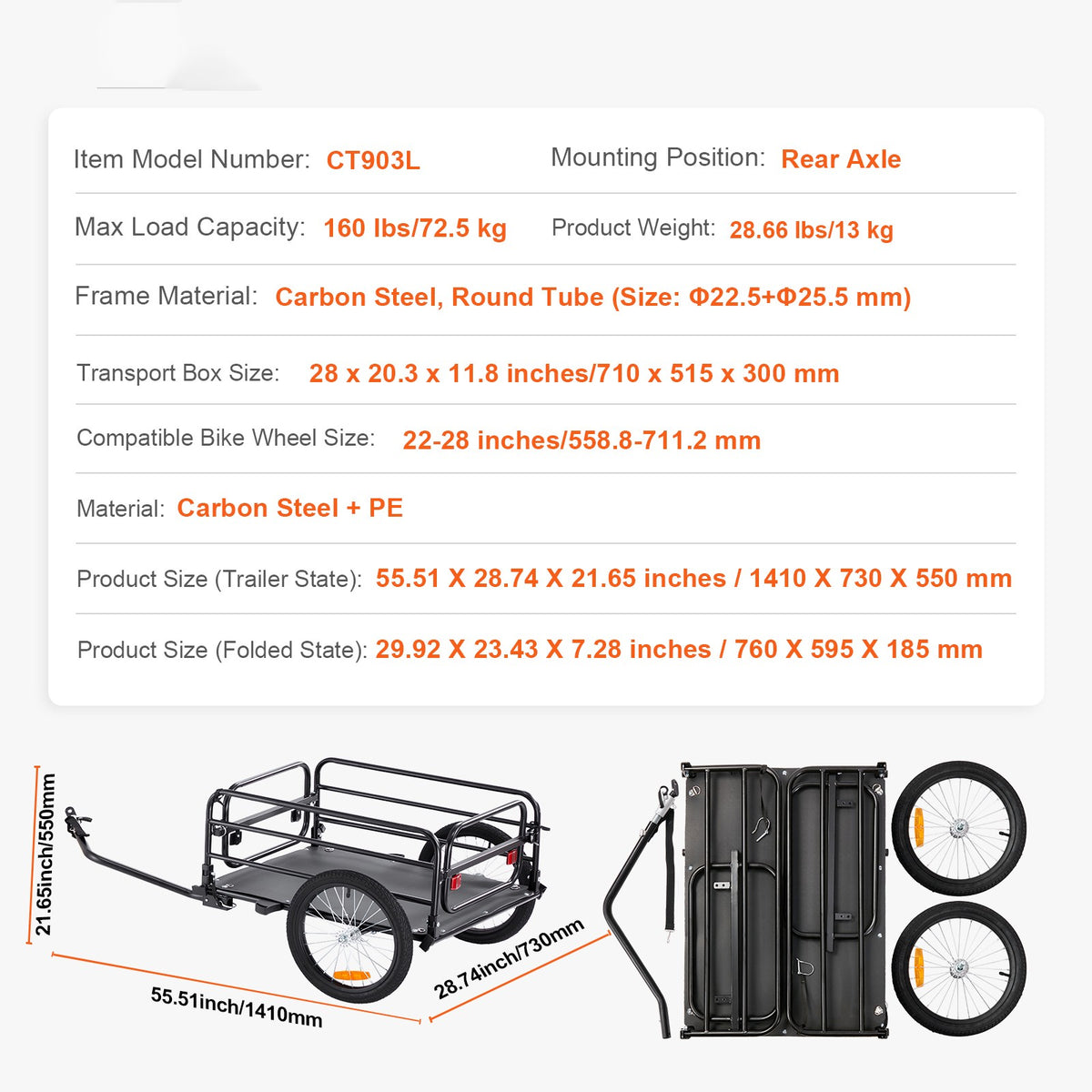 Bike Cargo Trailer 160 lbs Capacity Carbon Steel Bicycle Carrier with Foldable Frame