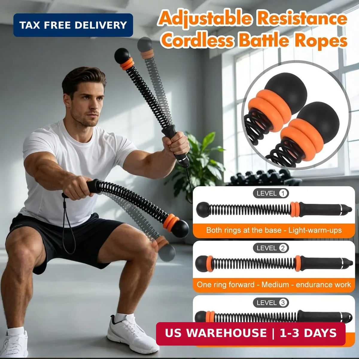 Adjustable Weighted Battle Ropes for Home Gym HIIT Workout - Cordless Fitness Rope