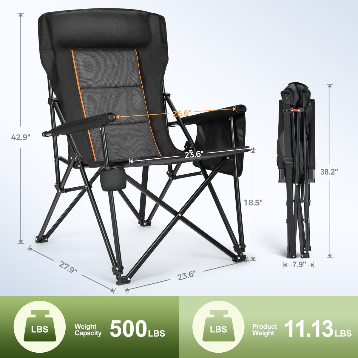 Heavy Duty Folding Camping Chair 500lbs Support Oversize High Back Portable Seat