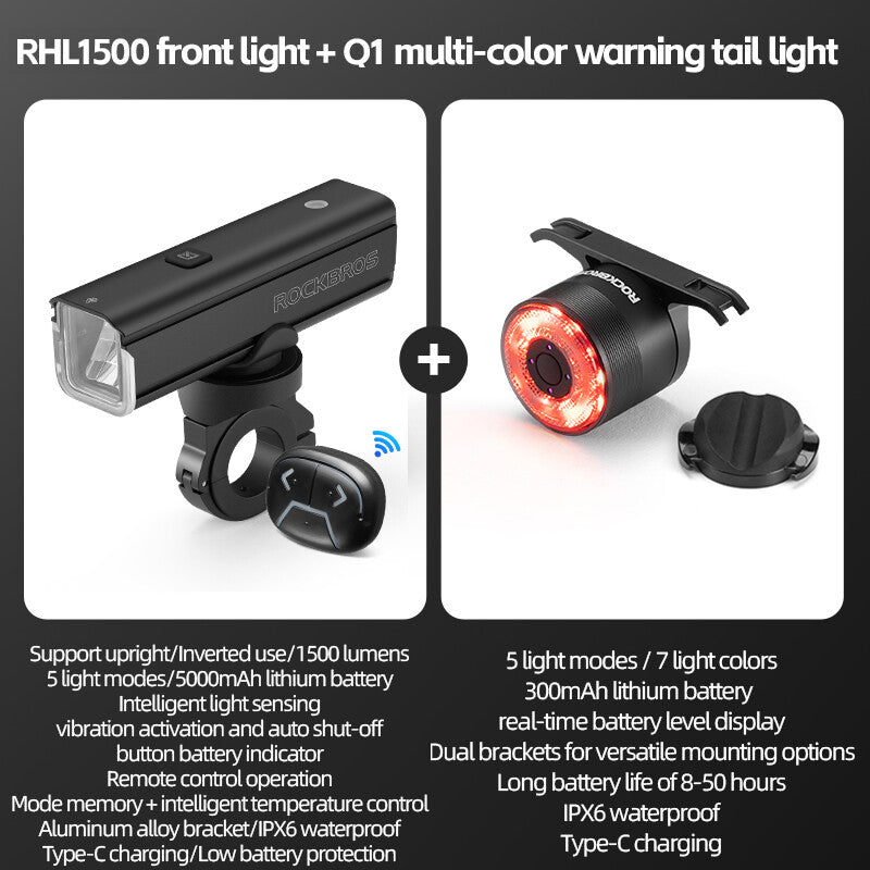 High Brightness Bike Front & Rear Light Set USB-C LED Headlight 1500LM