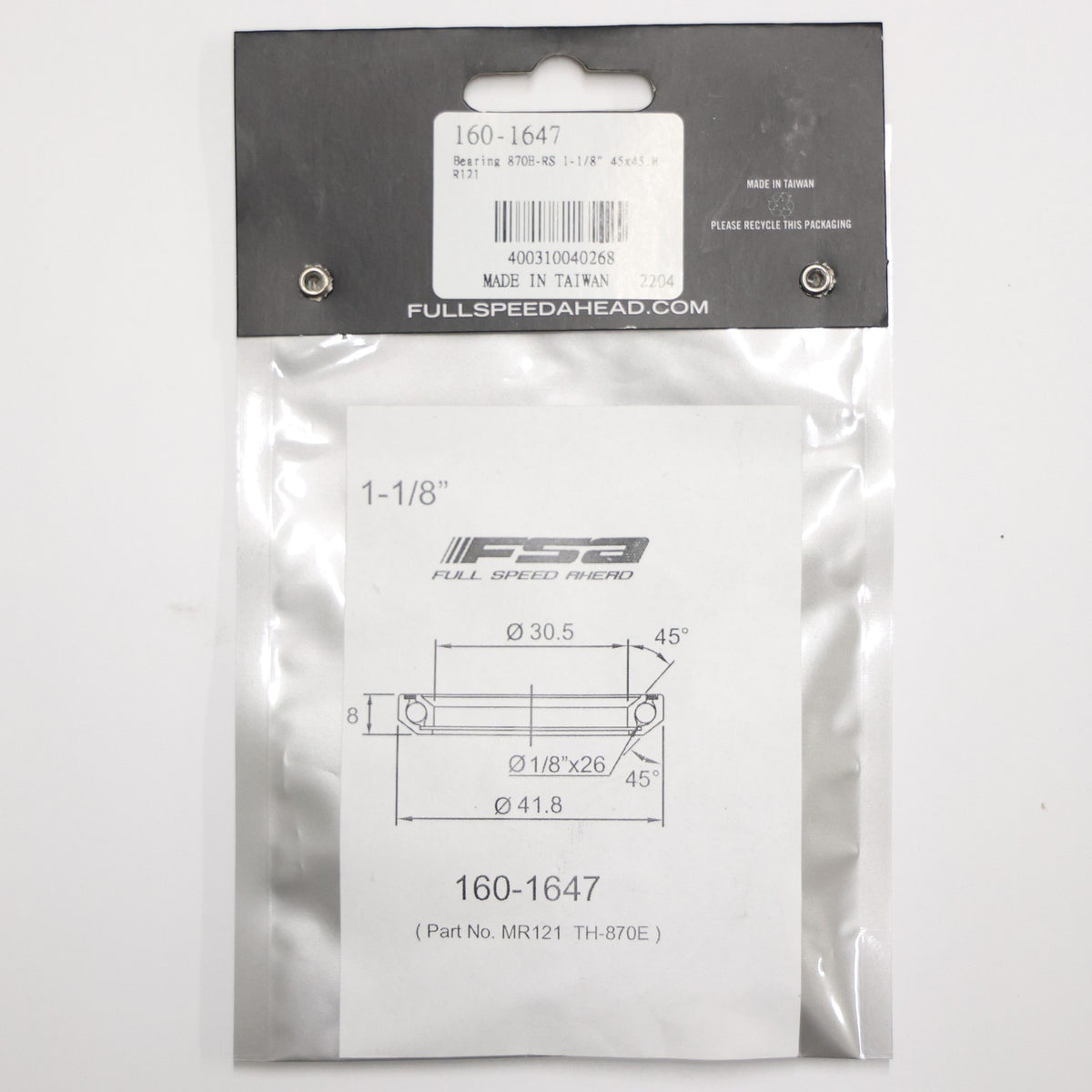 FSA MR121 1-1/8 Inch Headset Bearing 45x45 Black Sealed Cartridge