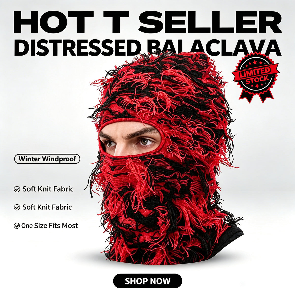 Distressed Knitted Full Face Ski Mask - Windproof Winter Hat for Men Women