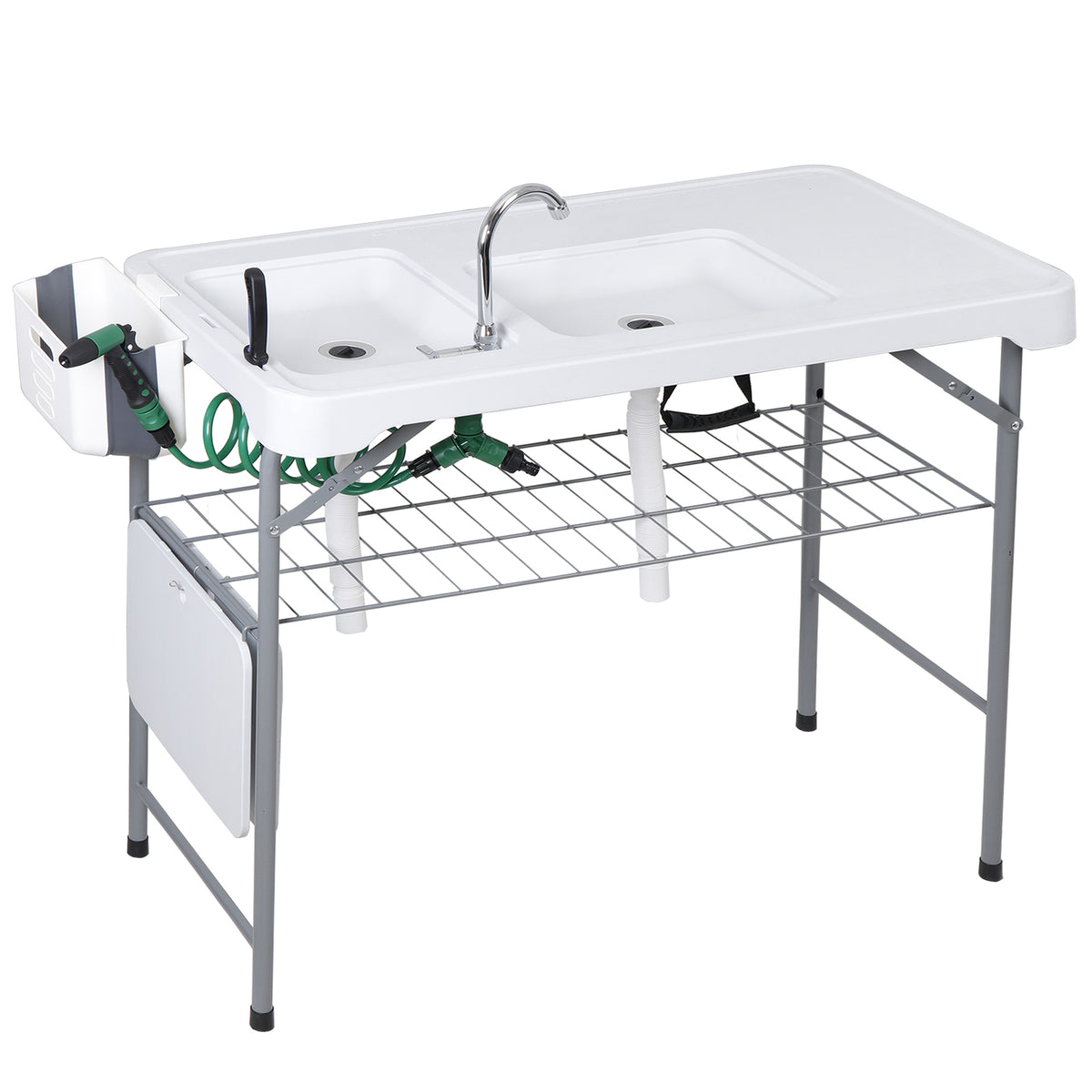 Fish Cleaning Station with Dual Sinks and Swivel Faucet - Portable Folding Camping Table
