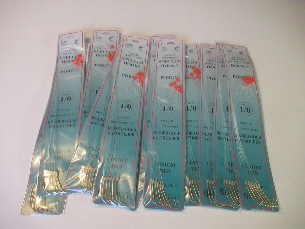 Beaded Gold Fish Hooks for Porgy Sea Bass - Snelled Bait Holder Rig 12" Mono