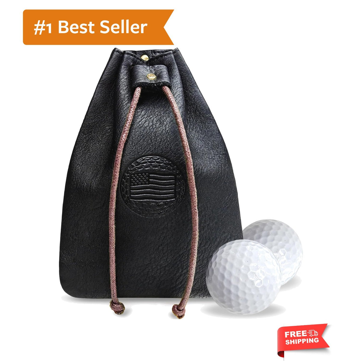 Genuine Leather Golf Valuables Pouch with USA Flag Design and Drawstring Lock