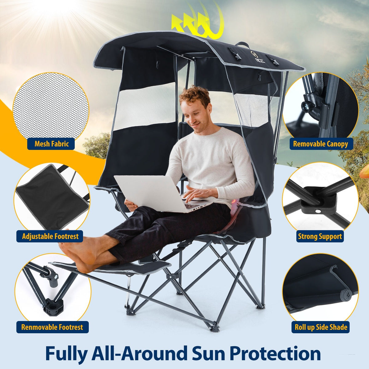 Heated Outdoor Camping Chair with Canopy and Footrest - Portable Shade