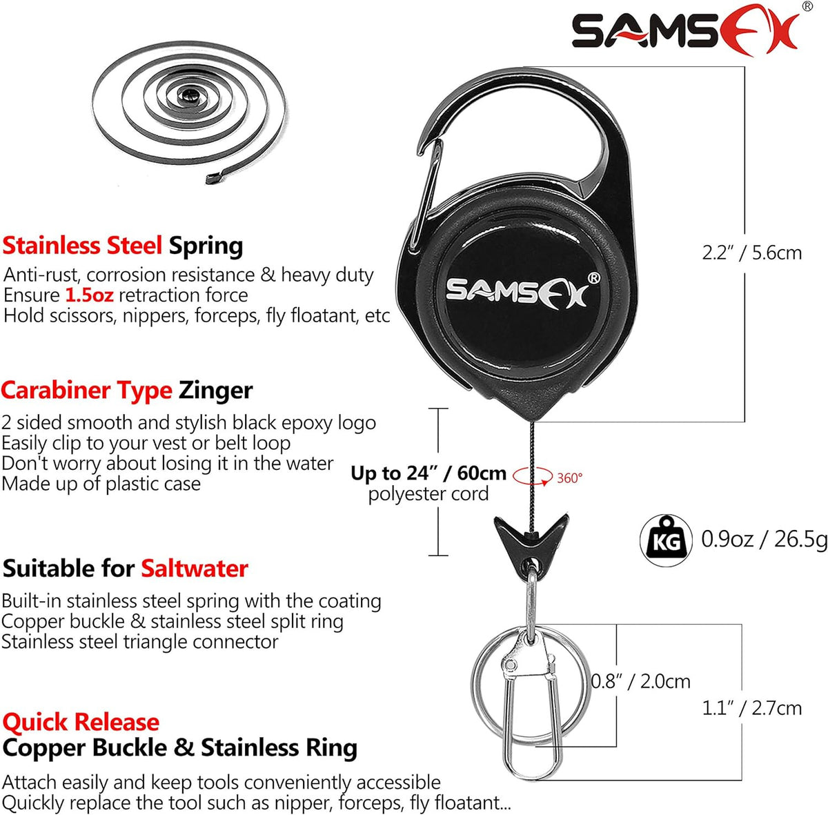 Fly Fishing Zinger Retractor with Carabiner - Saltwater and Freshwater Gear