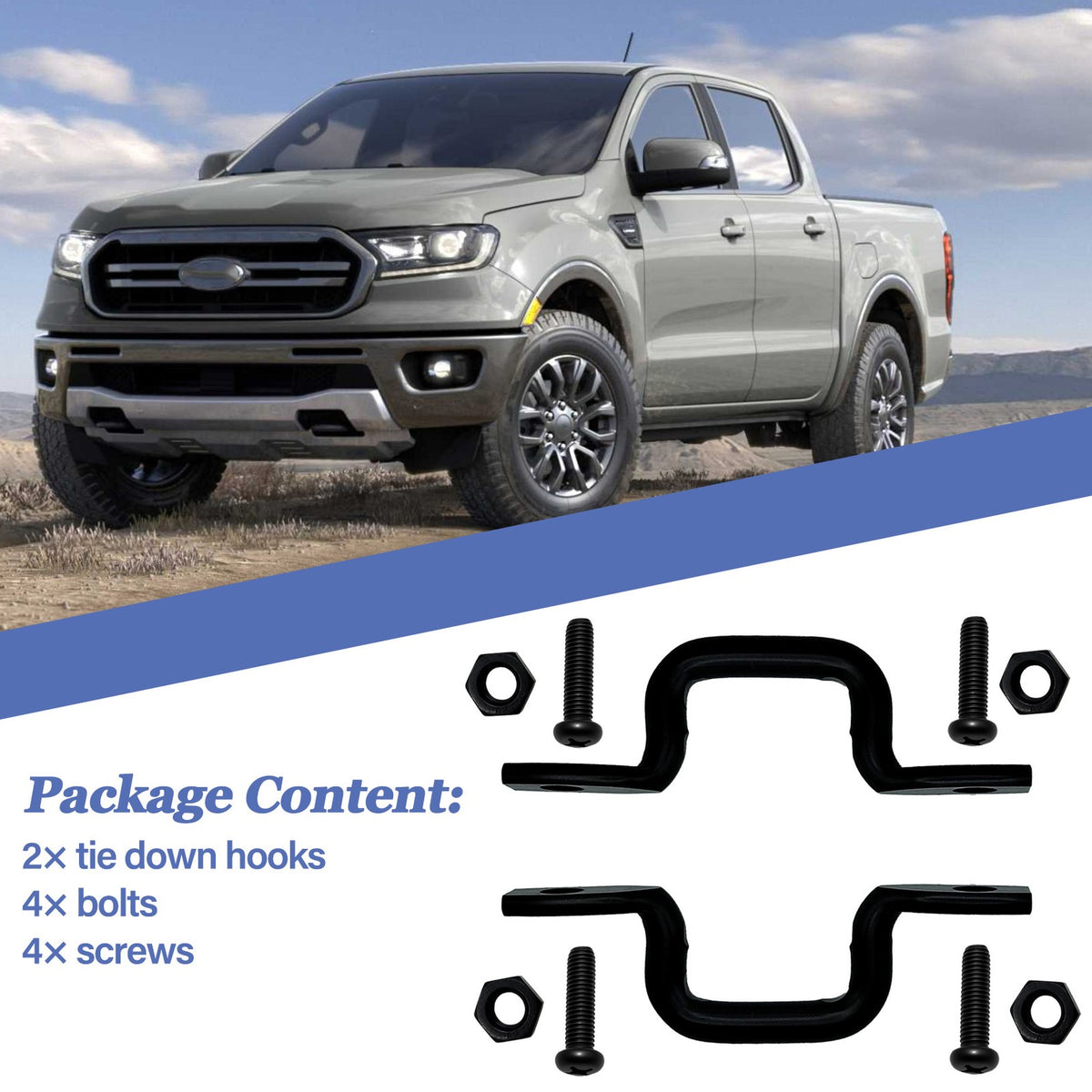 2PCS Rear Bed Tie Down Rope Hooks for Ford Ranger 2019-2023 - Steel Bolt-On
