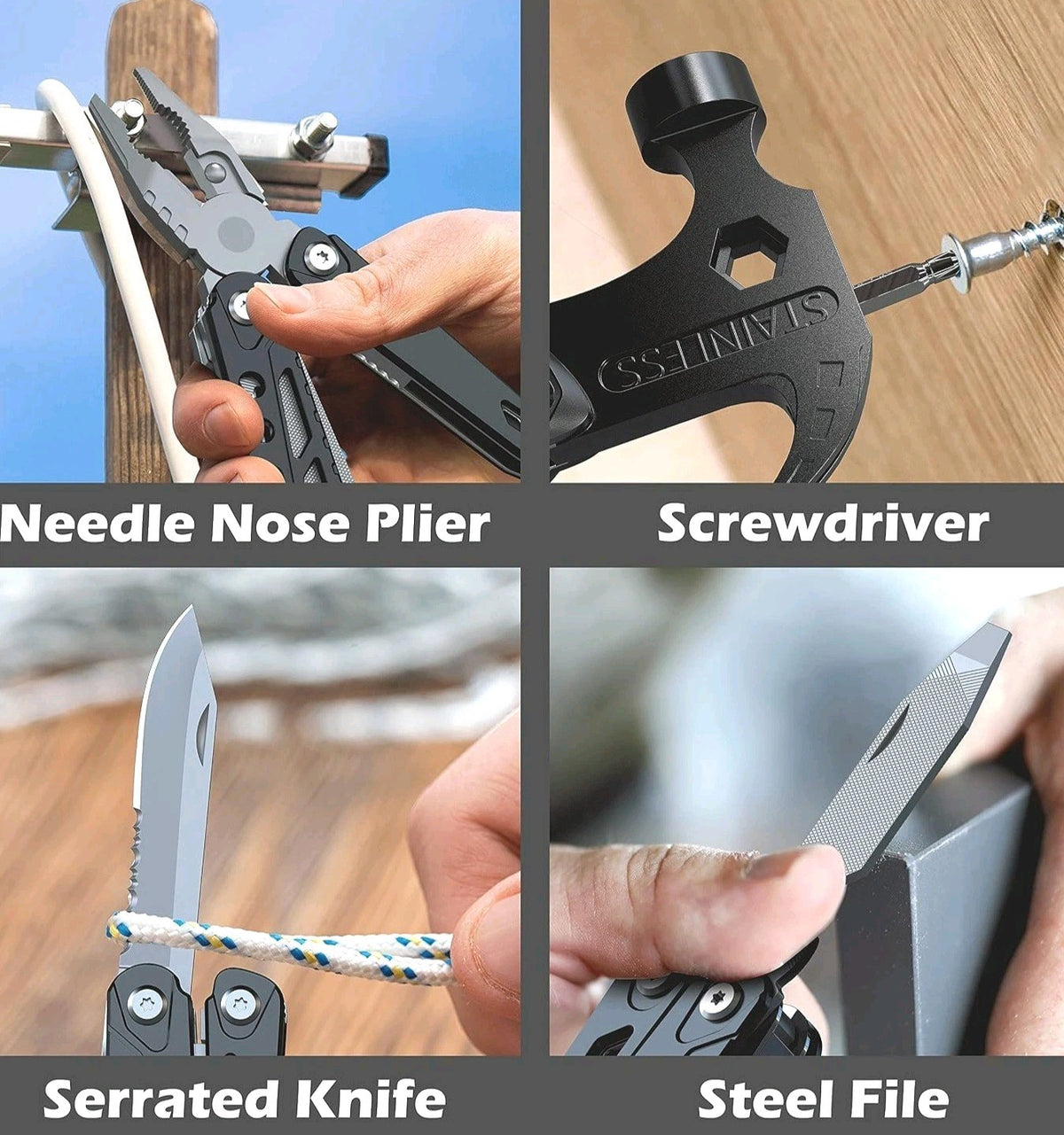 14-in-1 Stainless Steel Multi-Tool with Serrated Knife and Black Pouch
