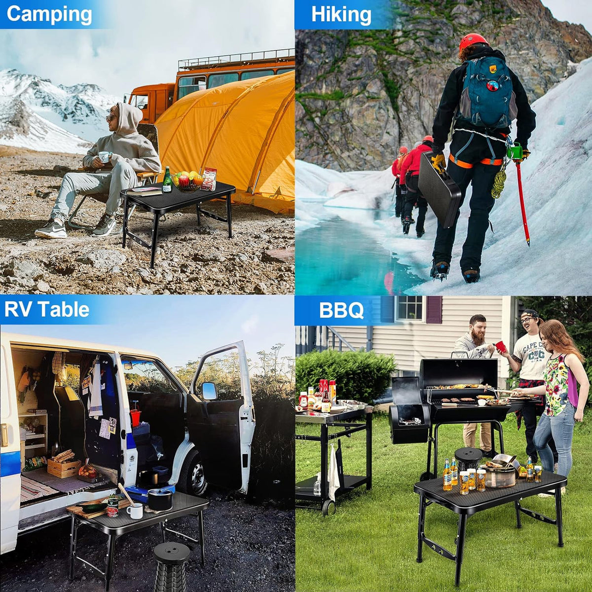 Portable Folding Camping Table and Stool Set - Adjustable Height Lightweight Black