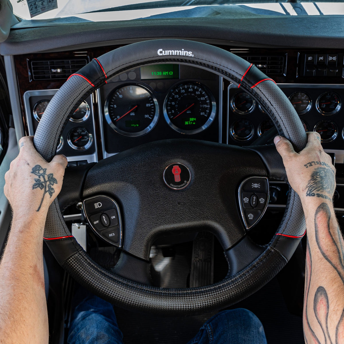 18-Inch Leather Steering Wheel Cover for Semi-Truck and RV - Black and Red