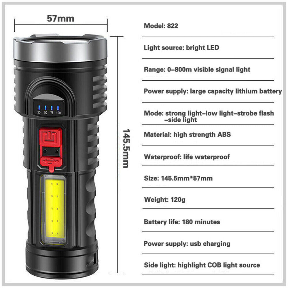 Rechargeable LED Tactical Flashlight - Waterproof Handheld Torch USB & Battery Included