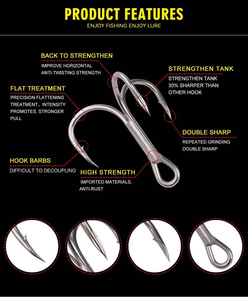 50Pcs Strong Feather Dressed Treble Fishing Hooks Set - Sizes 2-10