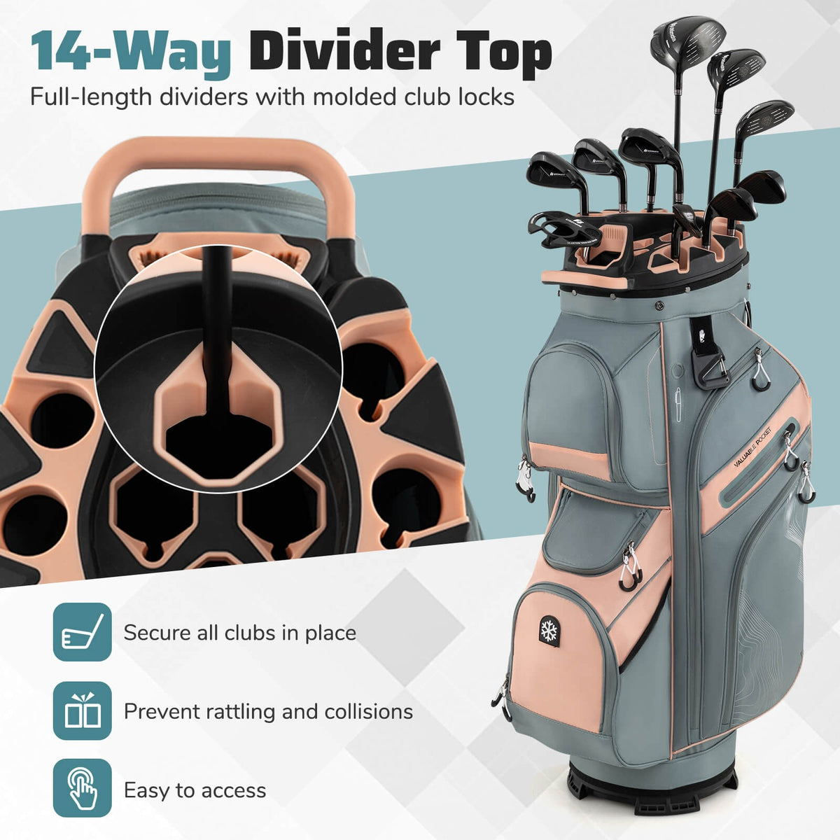 Golf Cart Bag with 14-Way Dividers, 11 Pockets, Cooler & Accessories