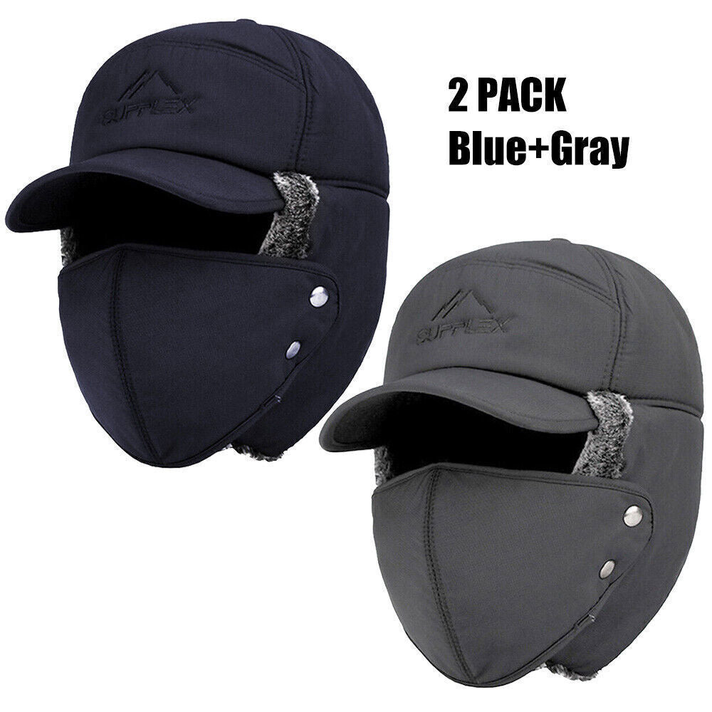 Winter Trapper Hat with Faux Fur Ear Flaps and Removable Face Mask - Windproof & Waterproof