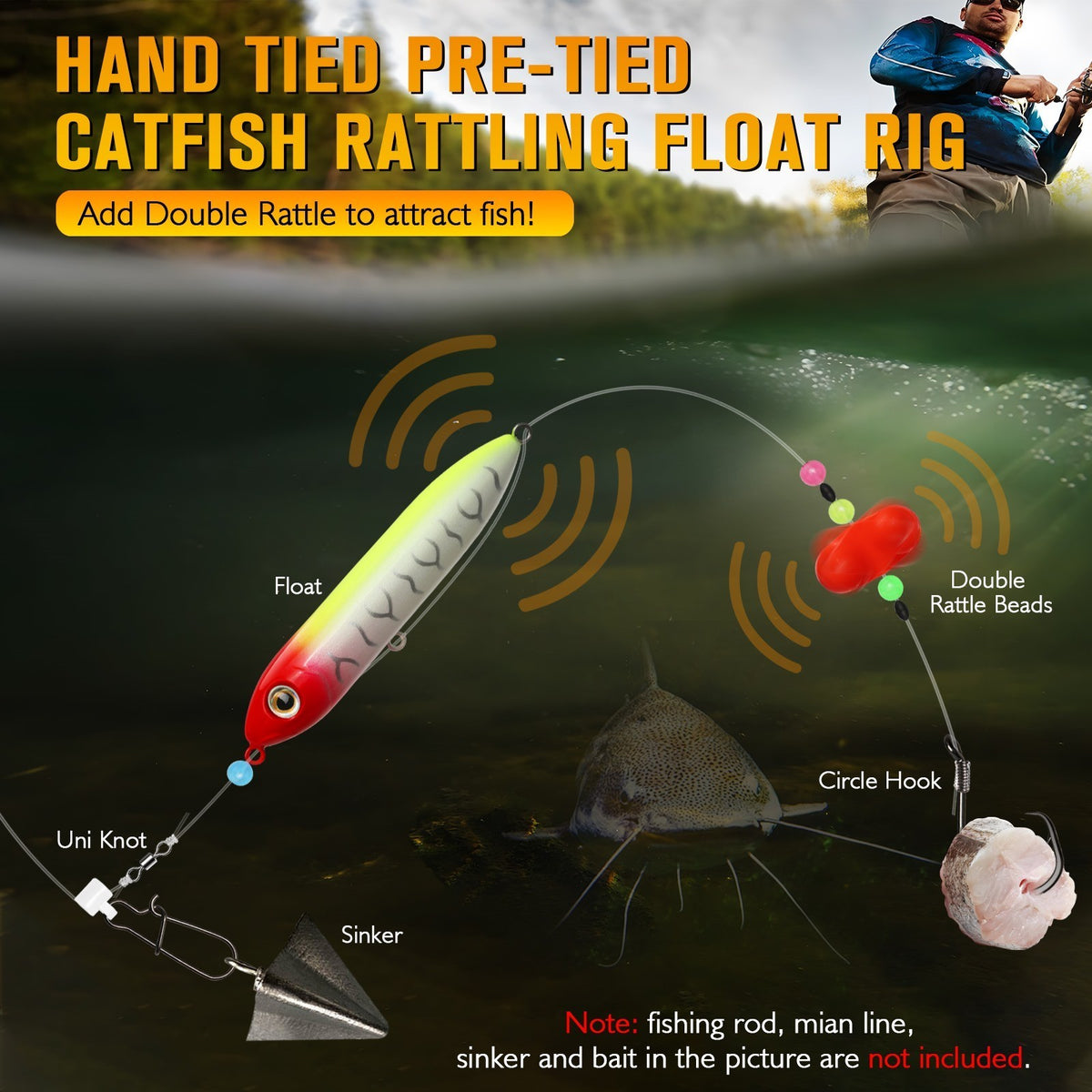 Pre-Rigged Catfish Float Rigs with Rattling Bells & 8/0 Hooks - 6PCS