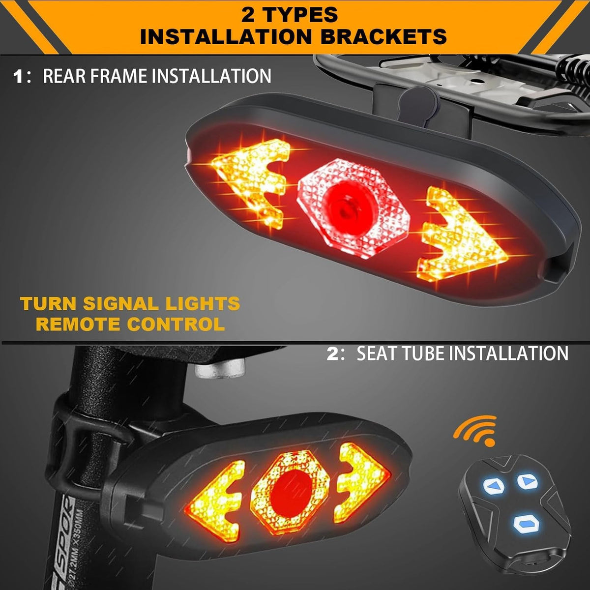 Wireless Bike Tail Light with Turn Signals Remote Control USB Rechargeable