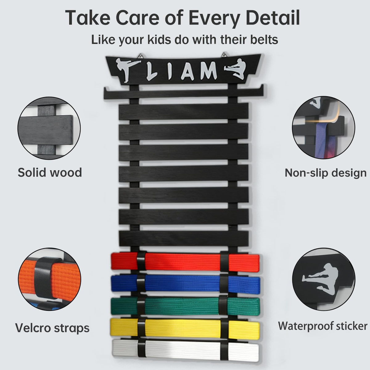 Martial Arts Belt Display Rack for 12 Belts with Stickers & Medal Hanger