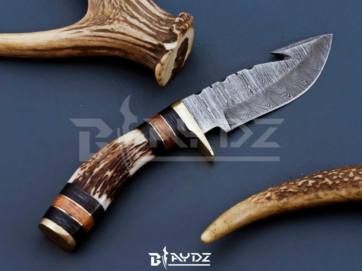 Damascus Steel Hunting Knife with Stag Antler Handle and Leather Sheath - Fixed Blade