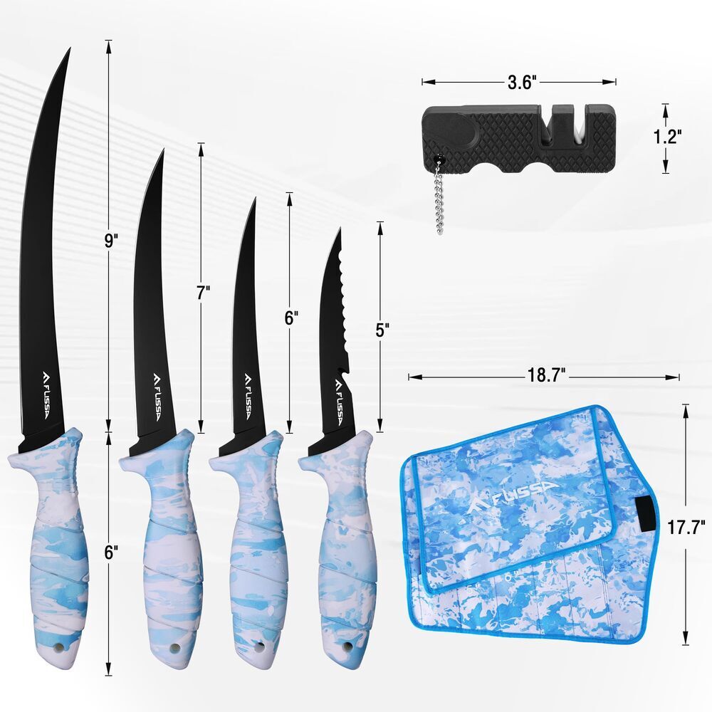 Fillet Knife Set with Sharpener & Sheath - 4 Piece Fishing Knives (5-9 Inch)