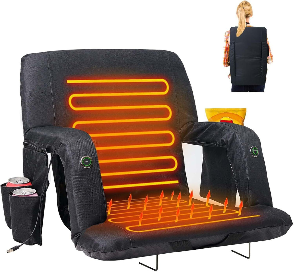 Heated Stadium Seat with Back Support & Reclining Positions - USB Power