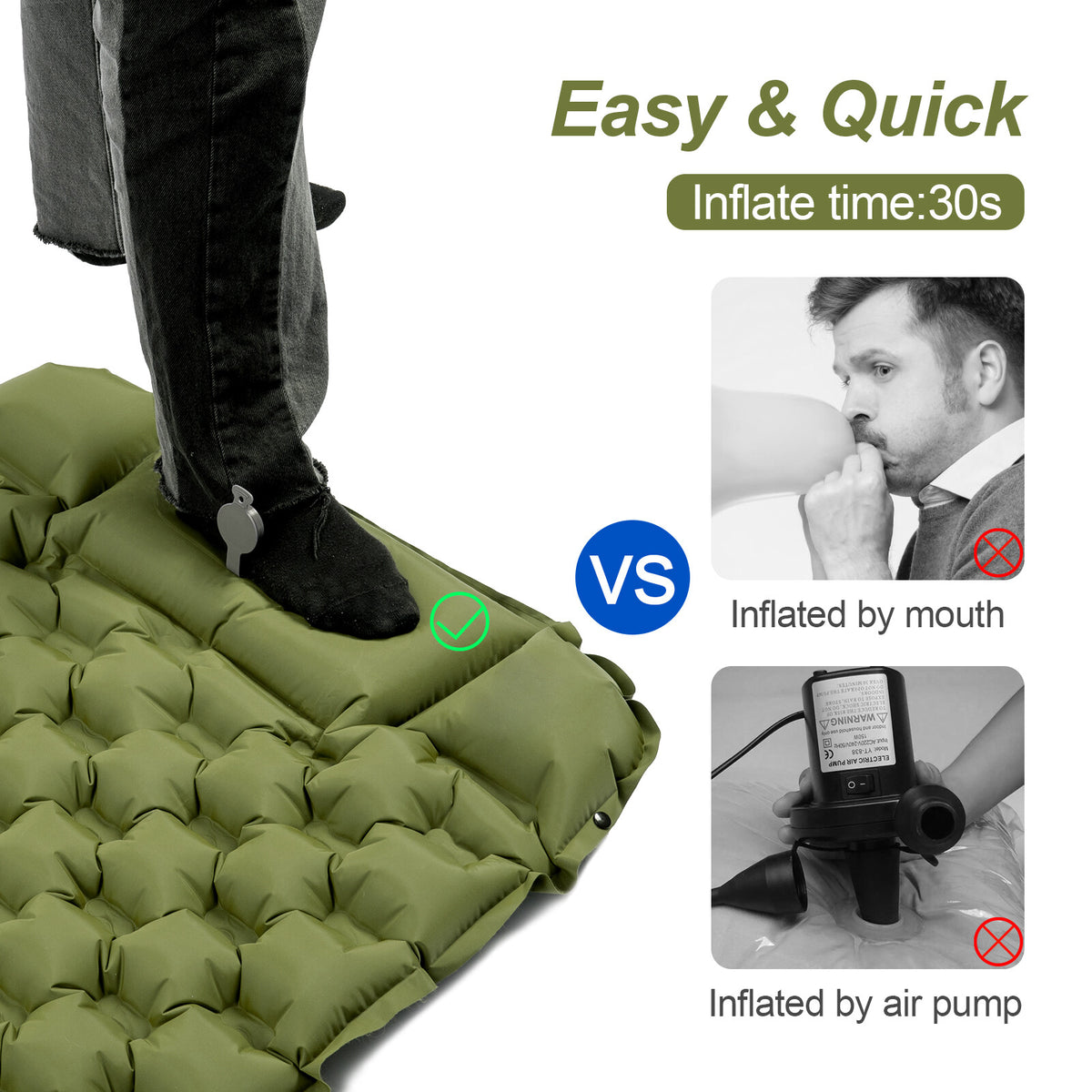 Inflatable Sleeping Pad for Camping & Hiking, Quick-Inflate, Durable Support