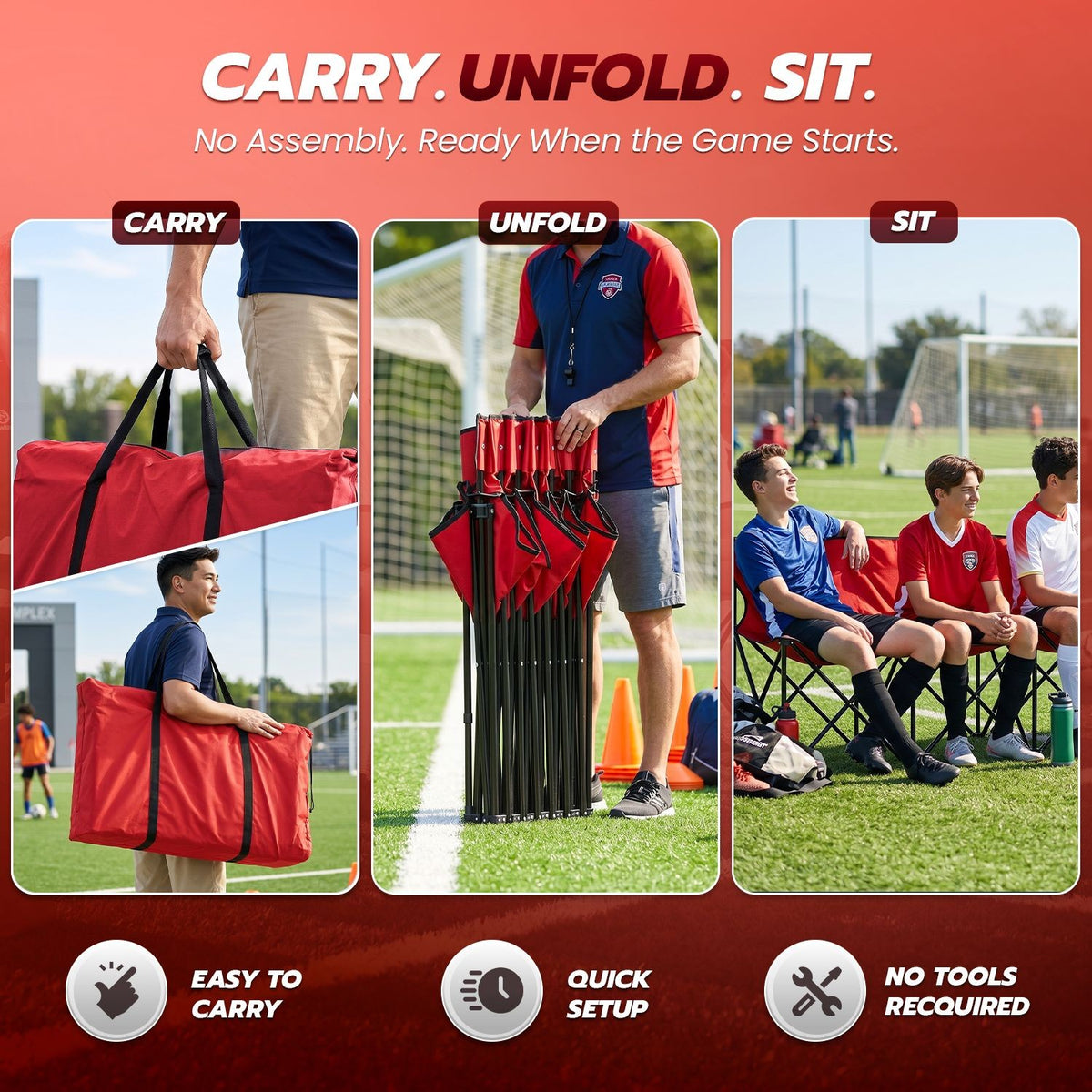 6-Person Collapsible Team Sideline Bench with Backrest - Red Sports Seating