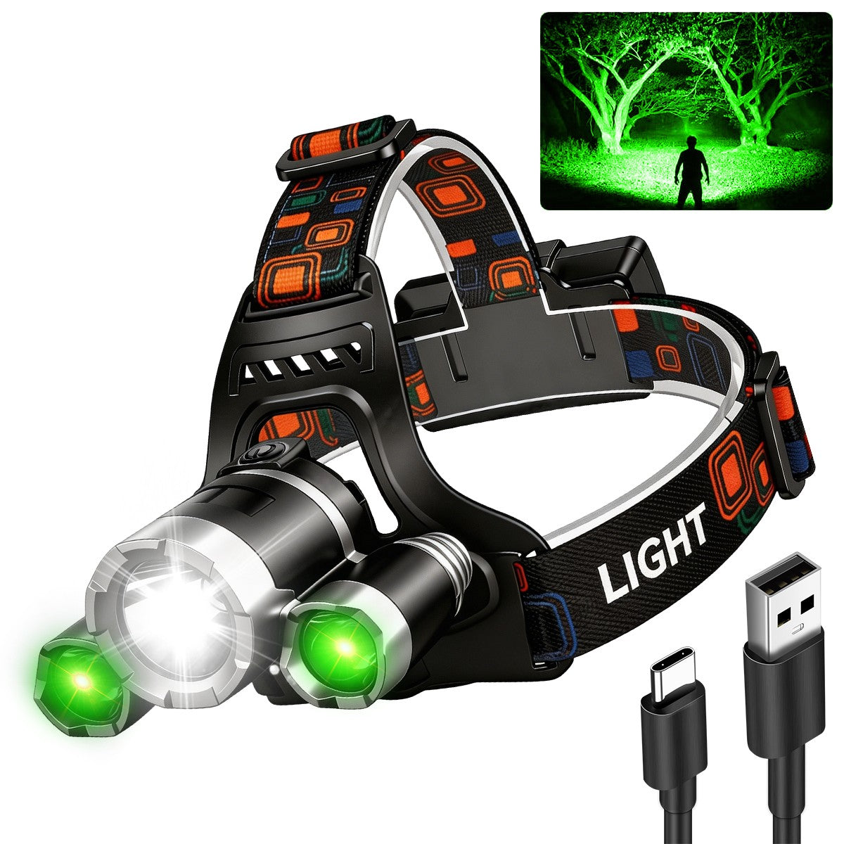 Rechargeable Green LED Headlamp with 4 Modes for Hunting Fishing and Blood Tracking