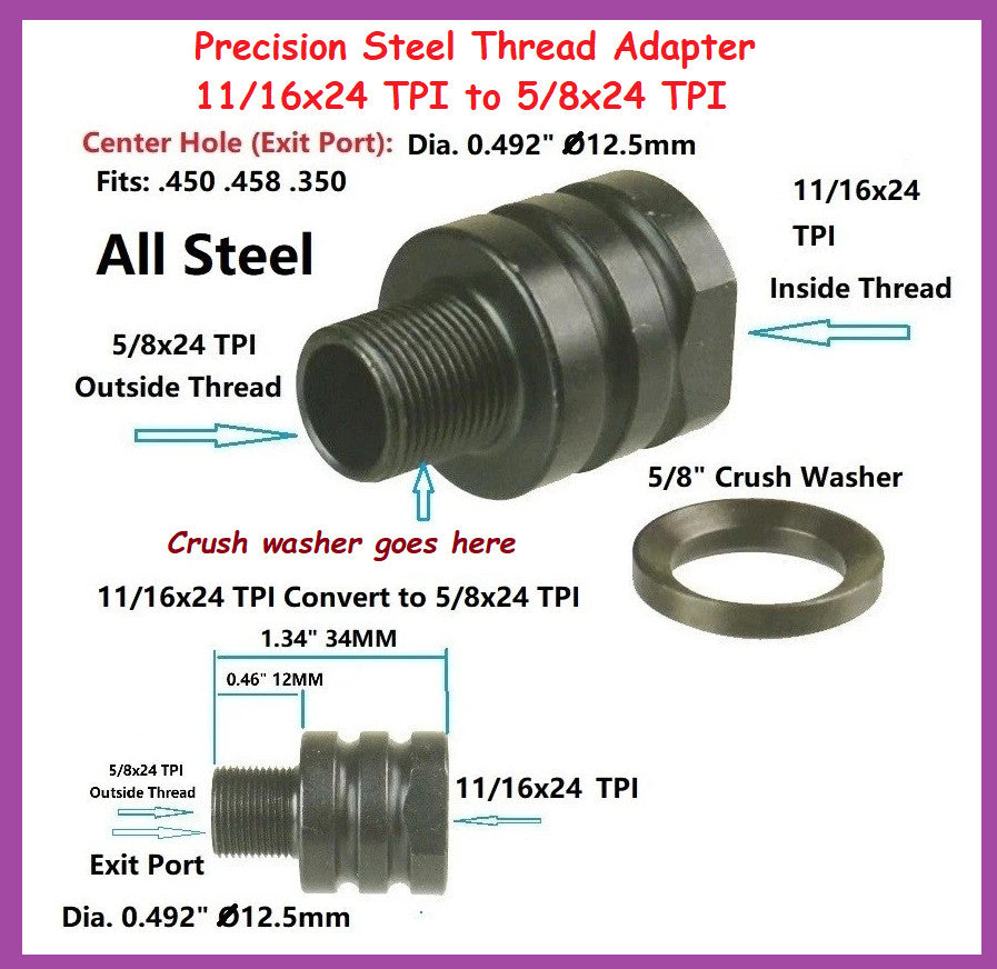 Steel Thread Adapter 11/16x24 to 5/8x24 TPI for Caliber Accessories