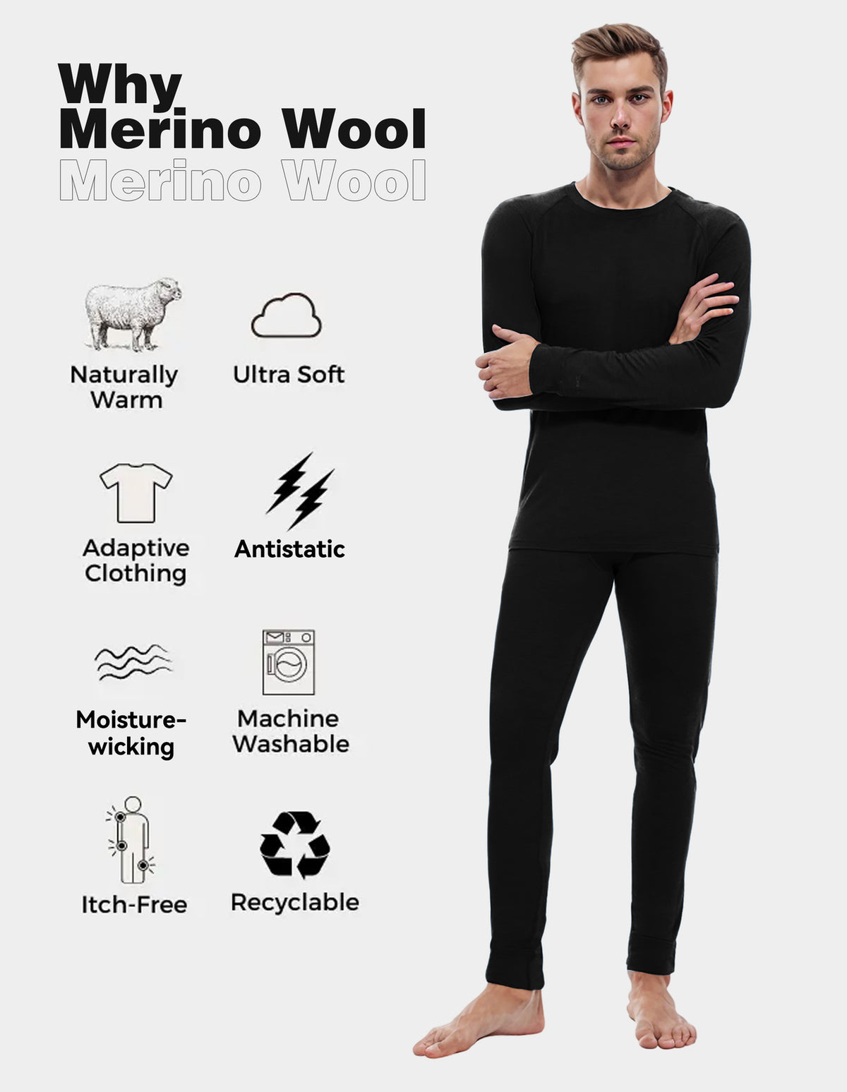 Men's Merino Wool Base Layer Sets Long Johns Thermal Underwear Ski Winter