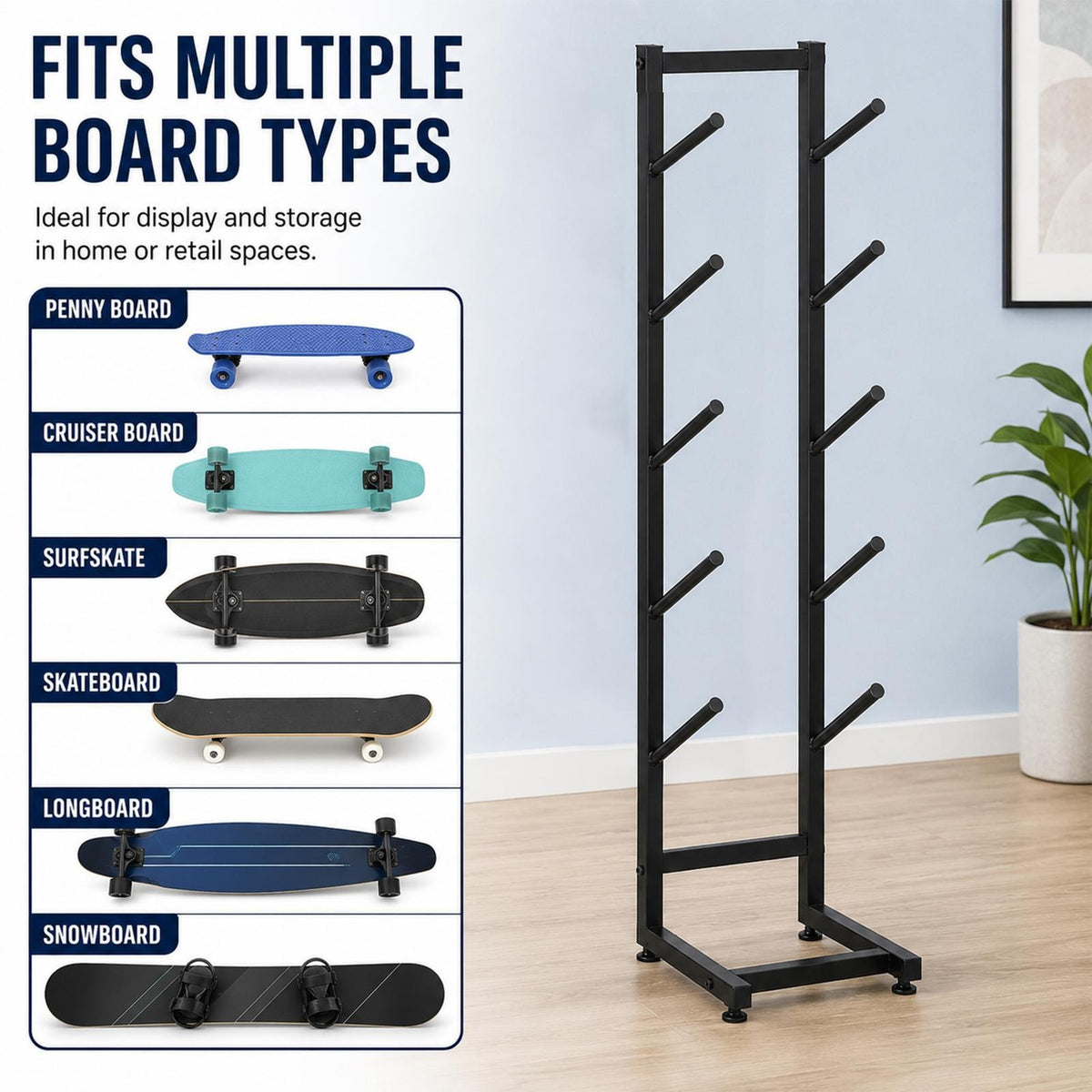 5-Layer Skateboard & Snowboard Storage Rack Floor Stand Organizer