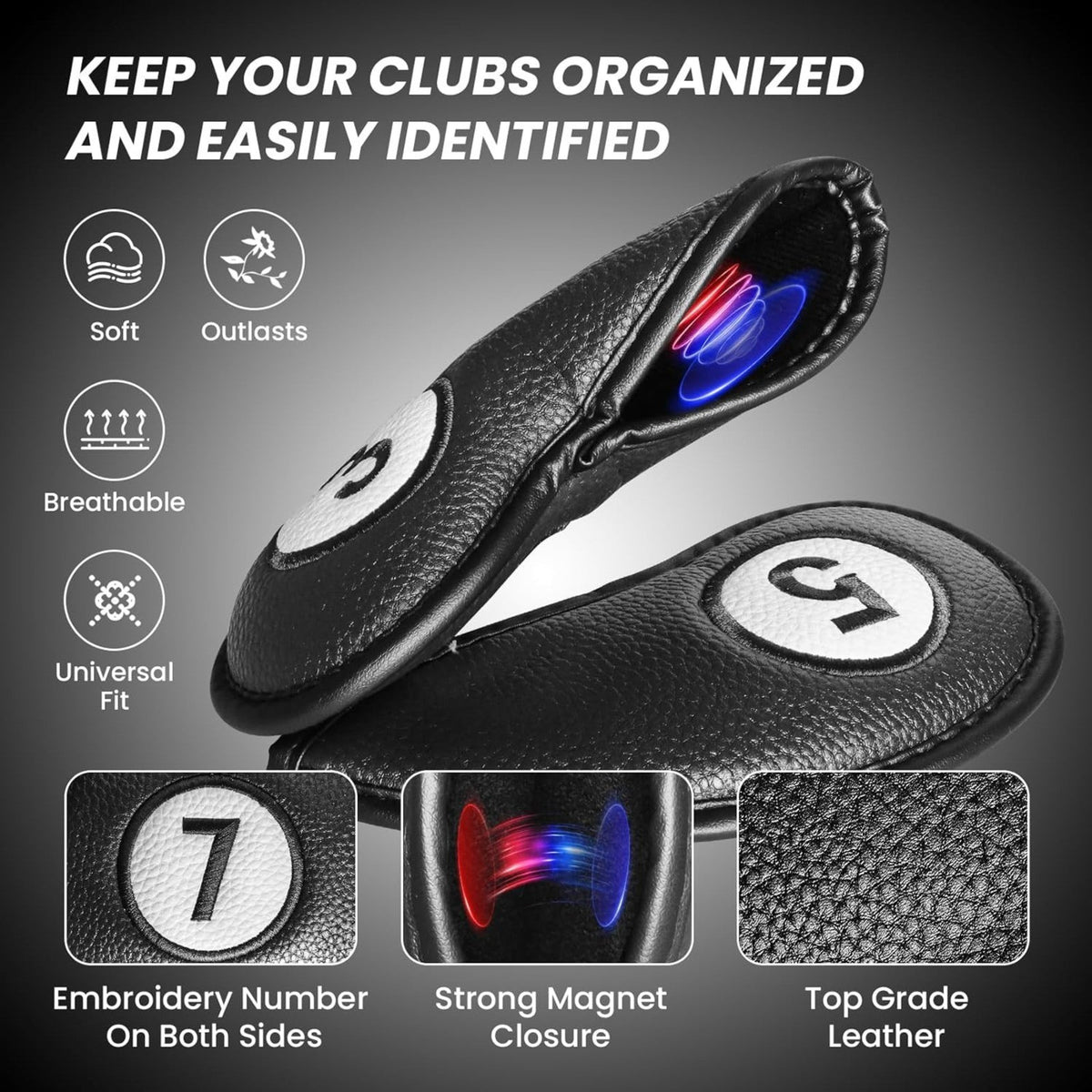 11 Pack Leather Golf Club Head Covers with Magnetic Closure - Multiple Colors