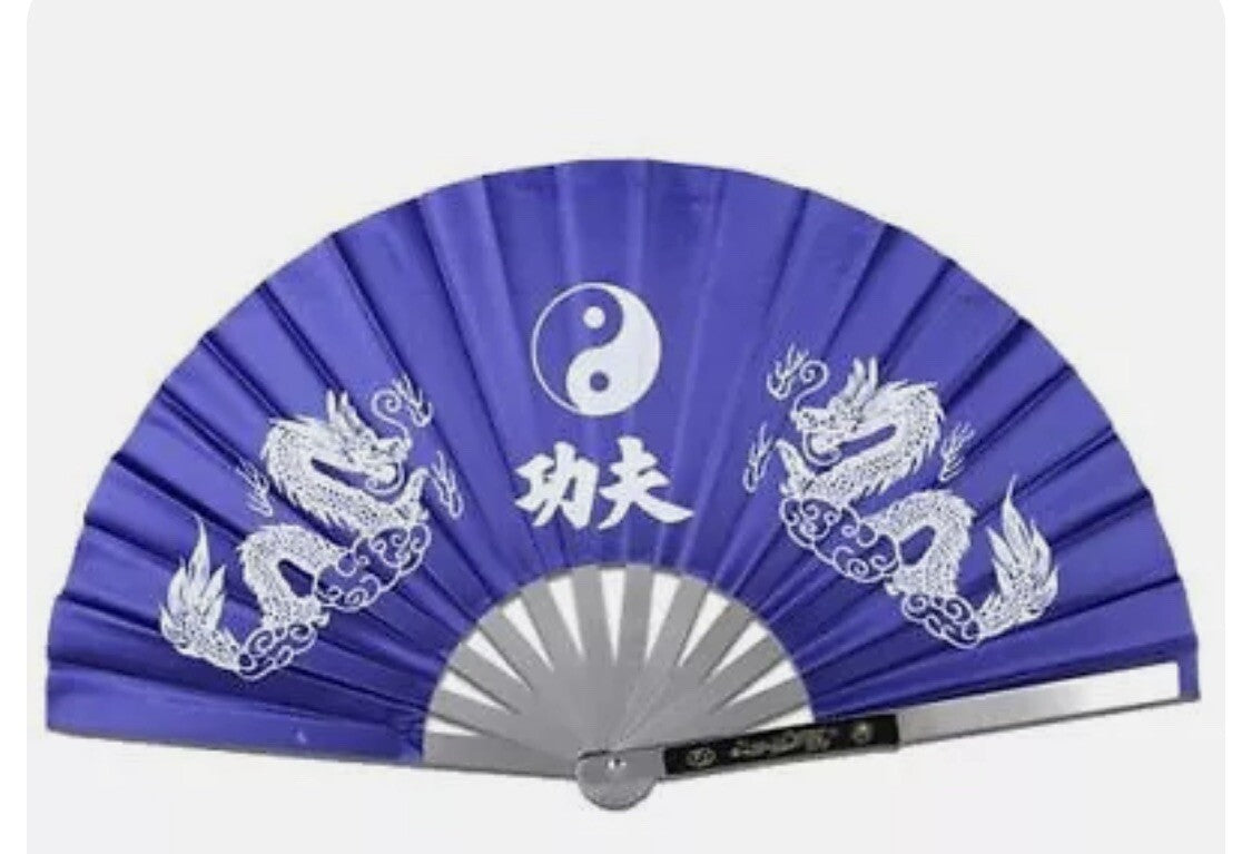 13-Inch Stainless Steel Martial Arts Fan with Dragon Design - Blue Tai Chi Weapon