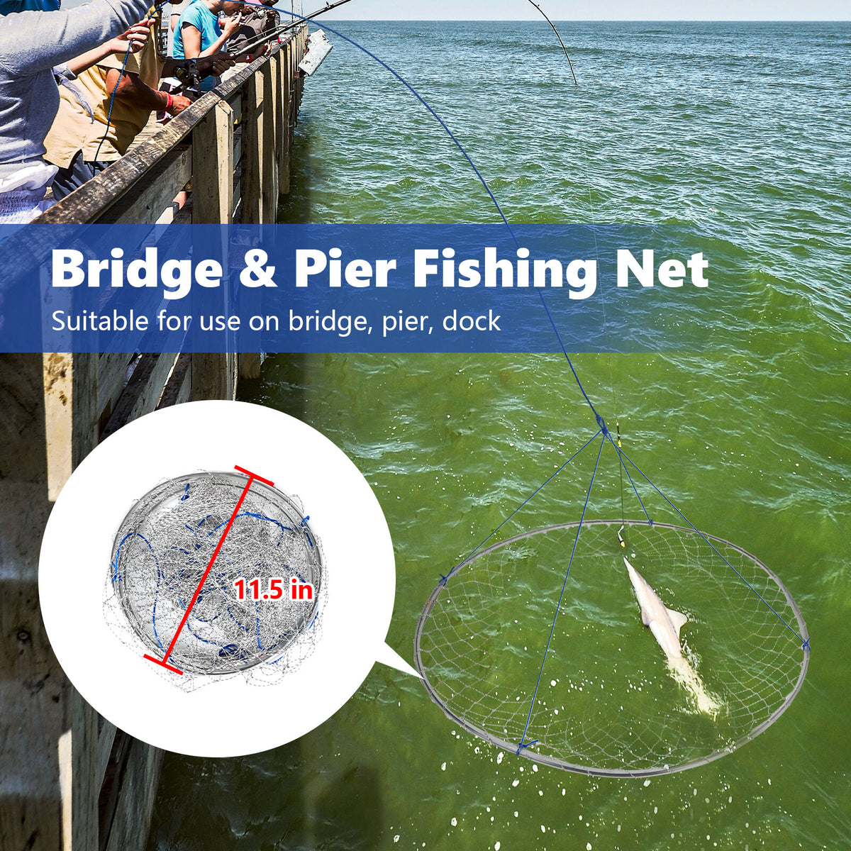 Foldable Bridge and Pier Fishing Net - Steel Hoop, Nylon Mesh, Multi-Size