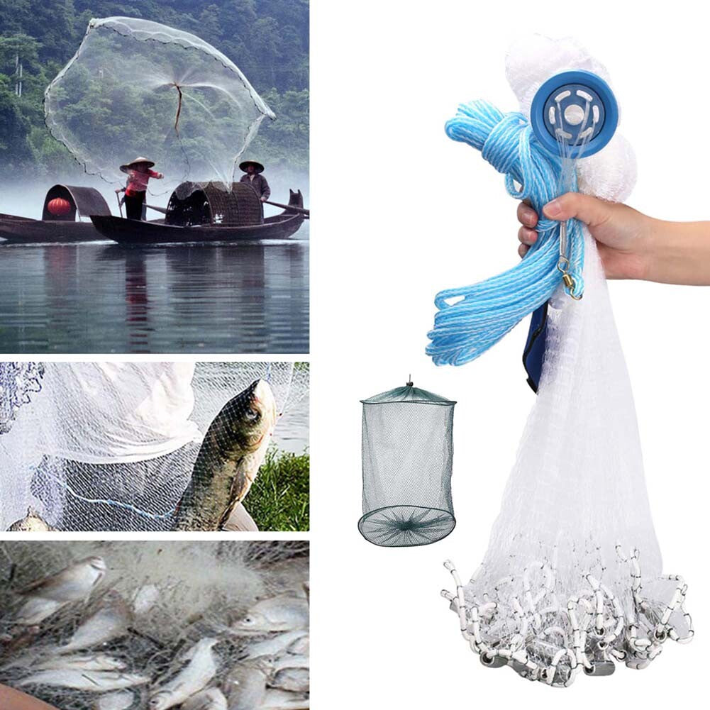 Heavy Duty Fishing Cast Net 6-16FT for Bait & Catching Fish - Durable Nylon Mesh