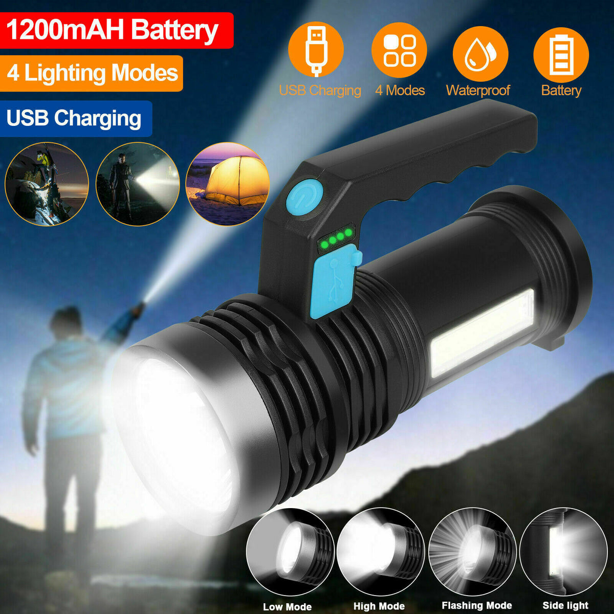Rechargeable Handheld Searchlight Flashlight with 500m Beam, Waterproof, USB Charging