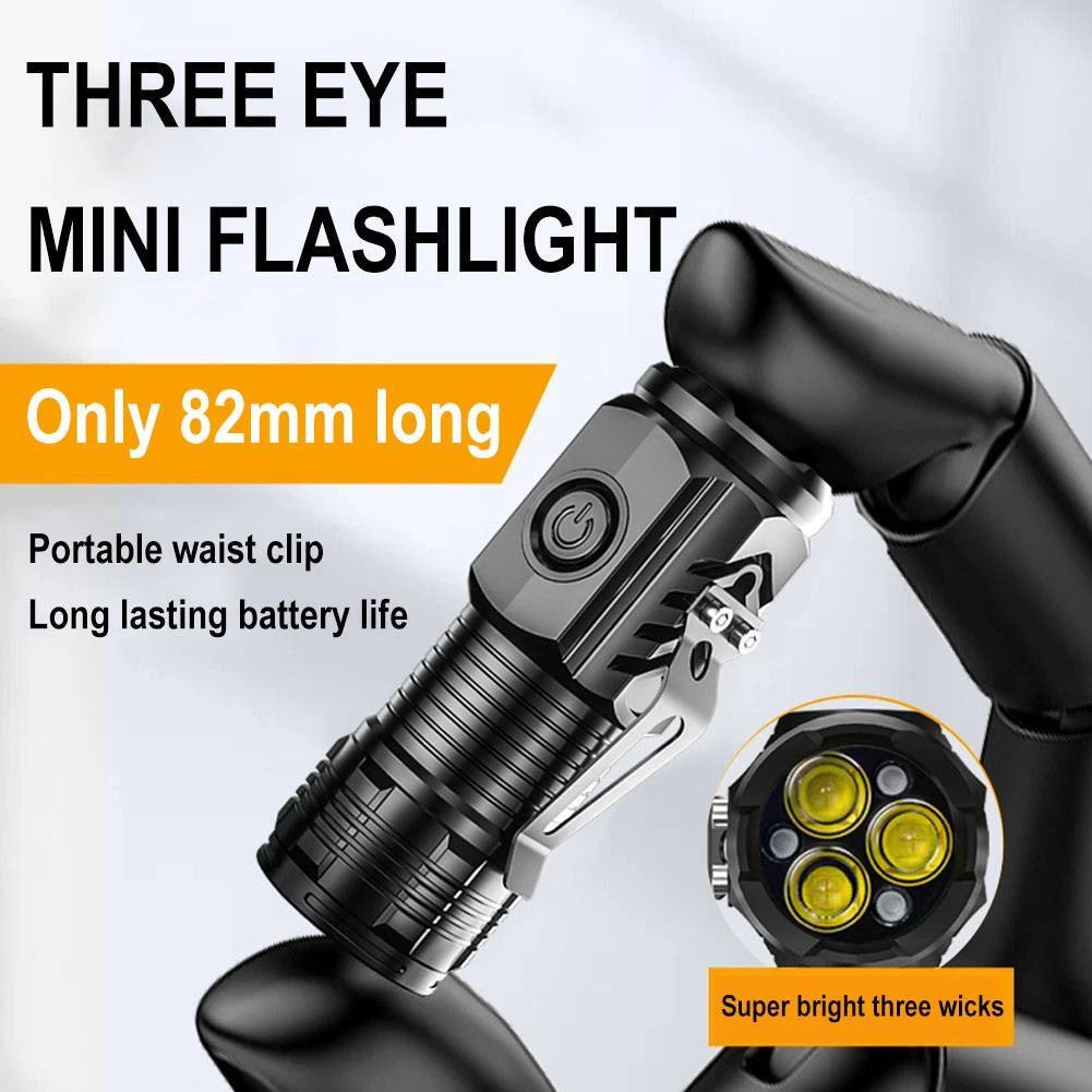 Mini Triple-Eyed Waterproof LED Flashlight - Rechargeable, Portable, Outdoor Use