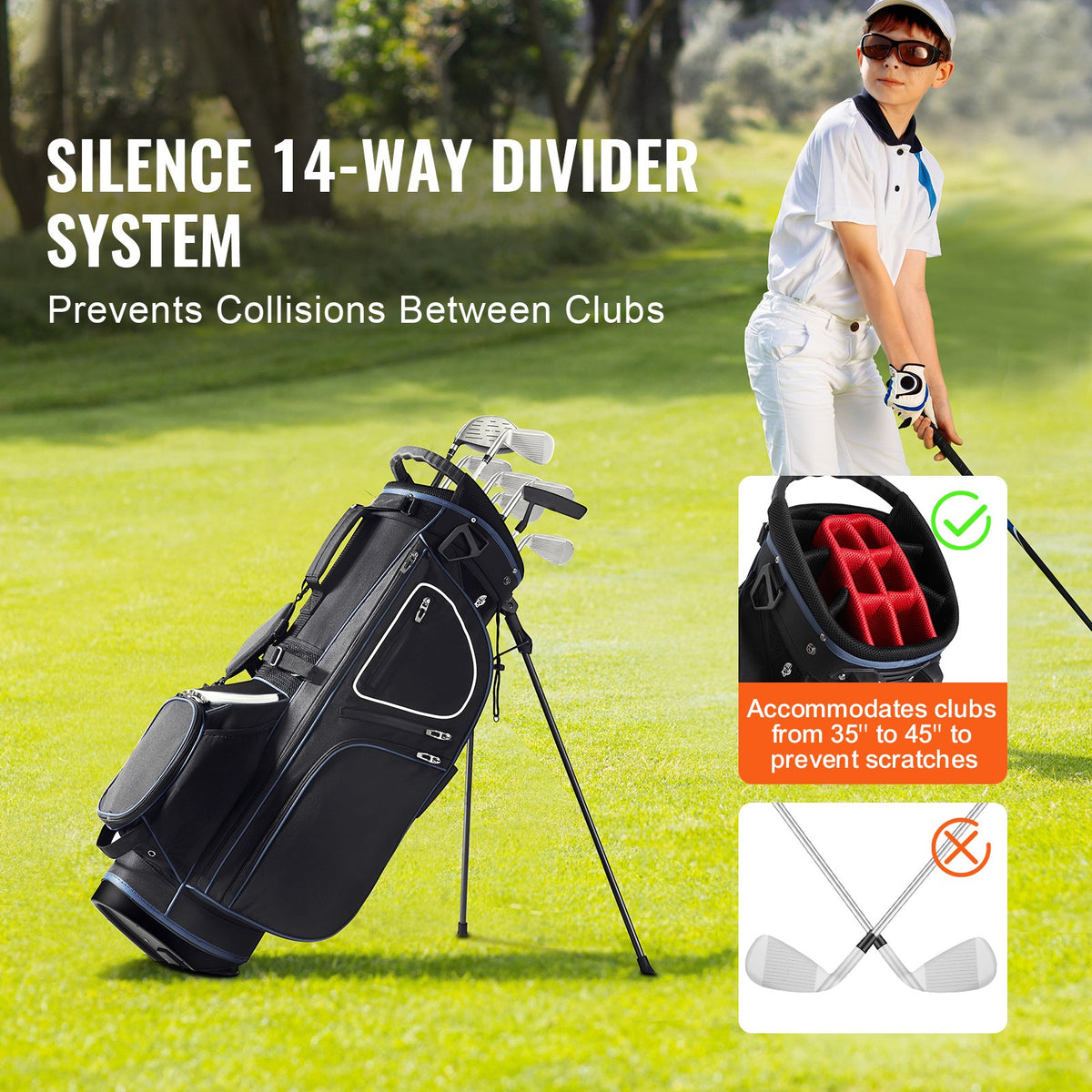 Golf Cart Bag with 14-Way Organizer and Multiple Pockets - Waterproof, Black & White