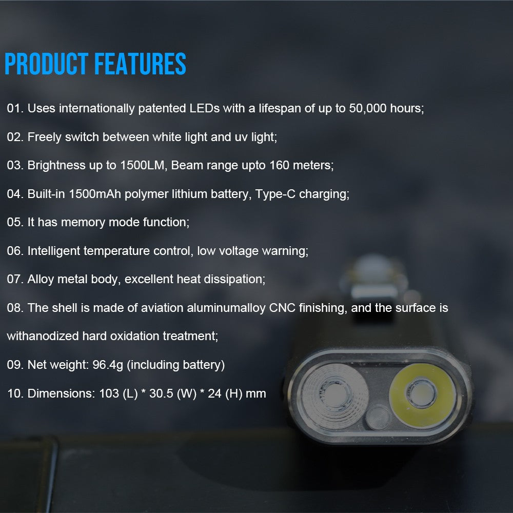1500Lumen Rechargeable LED Flashlight with UV Light and Magnetic Tail - Waterproof Torch