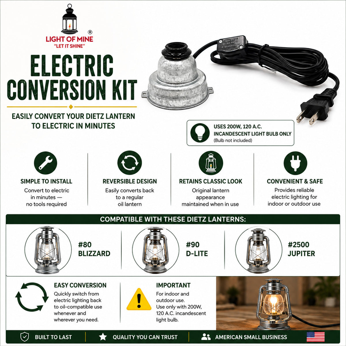 Electric Conversion Kit for Dietz Oil Lanterns - Fits #80 Blizzard, #90 D-Lite, #2500 Jupiter