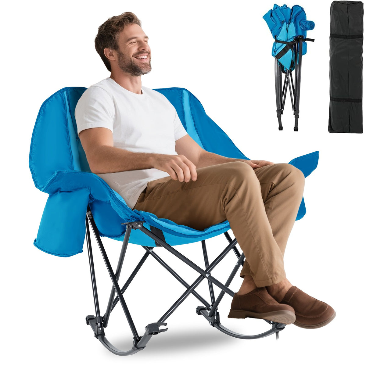 Oversized Folding Rocking Camping Chair with Cooler Bag and Side Pocket