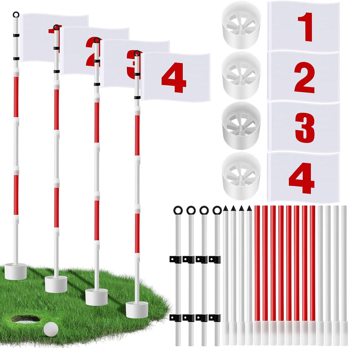 Golf Flagstick Set with 6Ft Flags and Hole Cups - 4 Pack for Green Practice