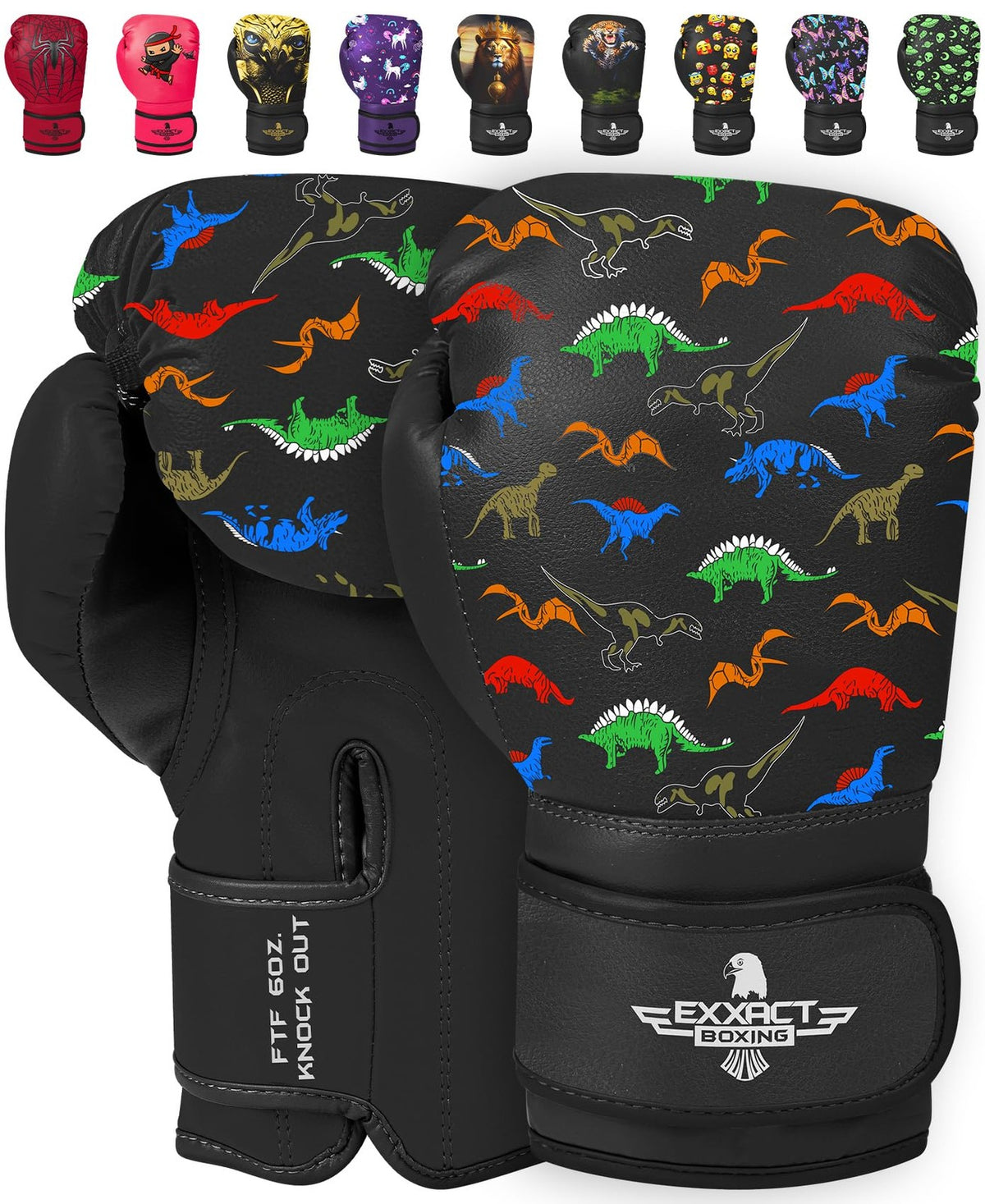 Youth Boxing Gloves 6oz - Exxact Sports Knockout Dinosaur Kids Training Gloves