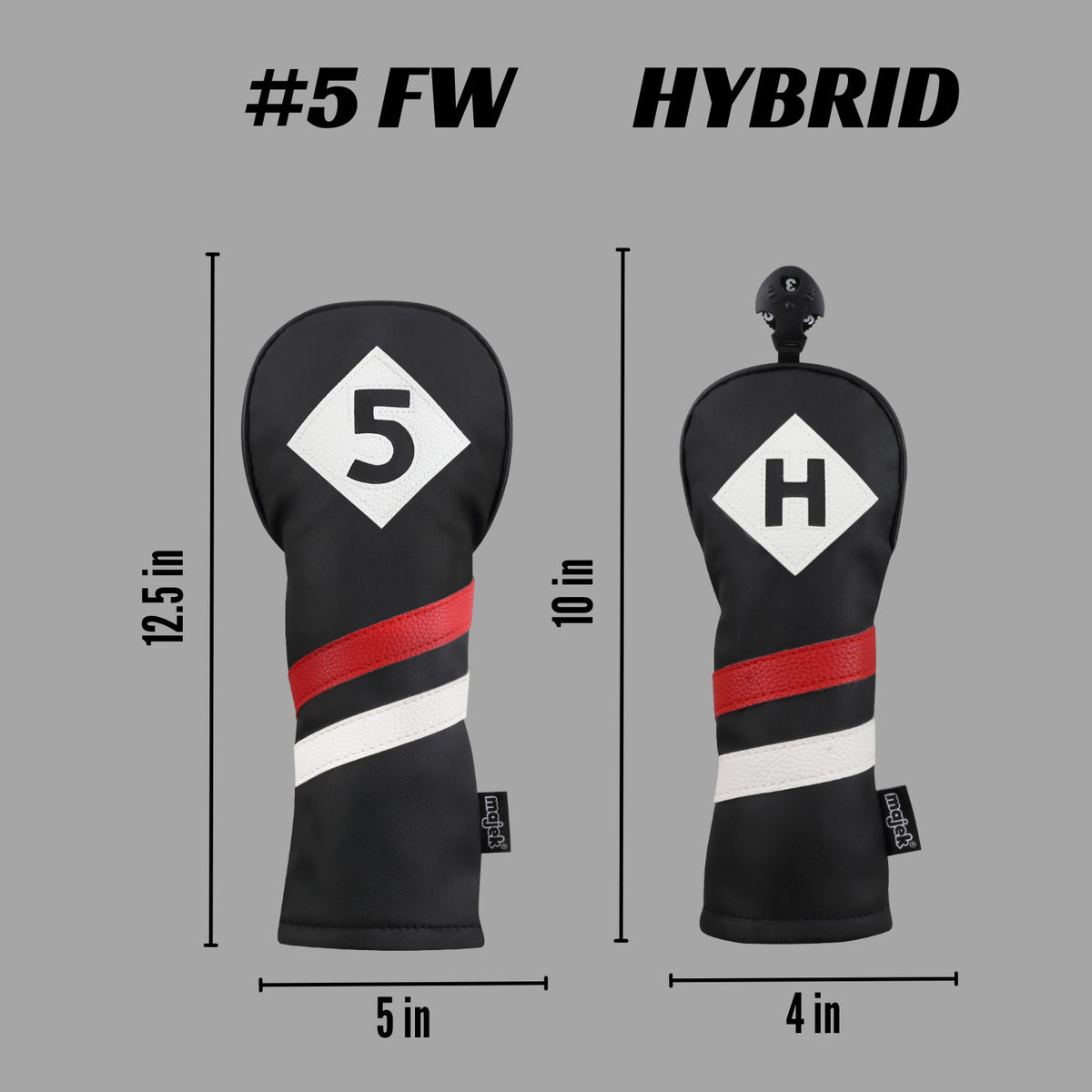 Golf Headcover for Hybrids and Fairway Woods - Vintage Leather Style, Black Red White