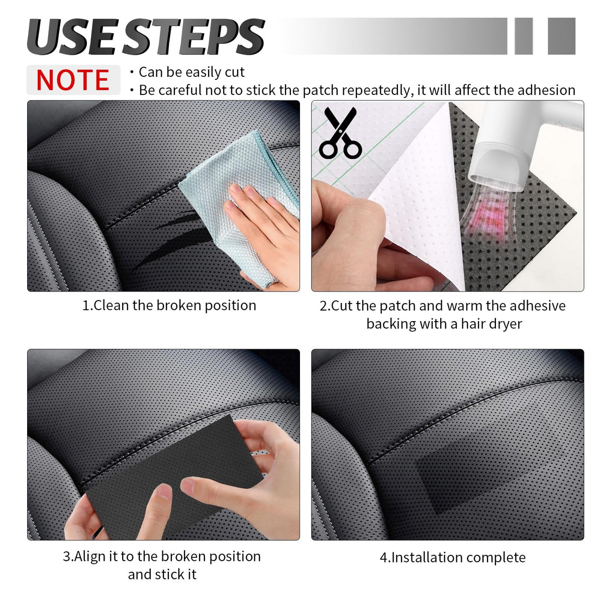 Self-Adhesive Leather Repair Patch Black 8x4 Inch for Vehicle & Furniture