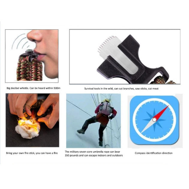 Multifunctional Survival Paracord Wristband with Compass Fire Starter Whistle