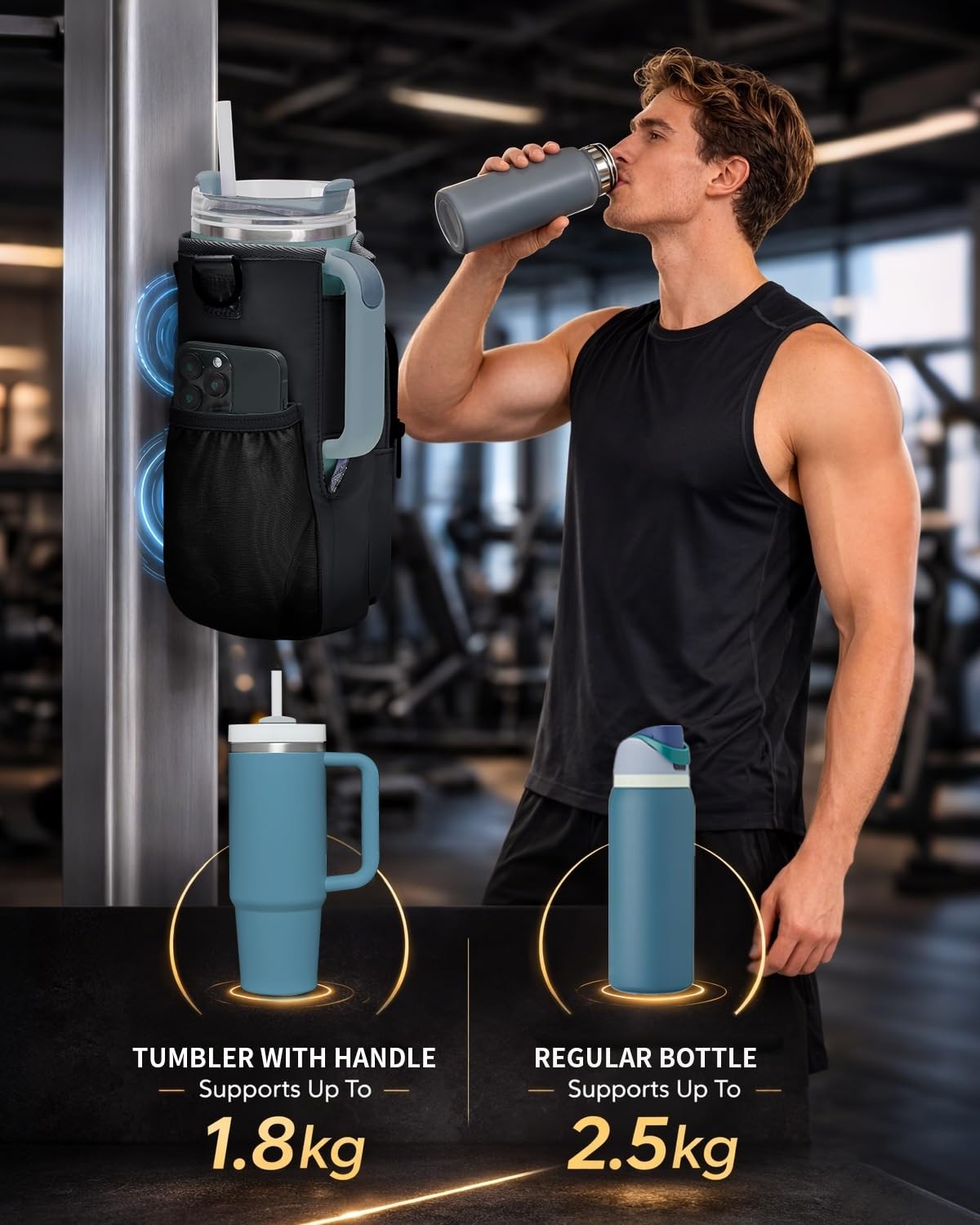Magnetic Water Bottle Holder for 40oz Tumblers with Pockets - Gym & Travel